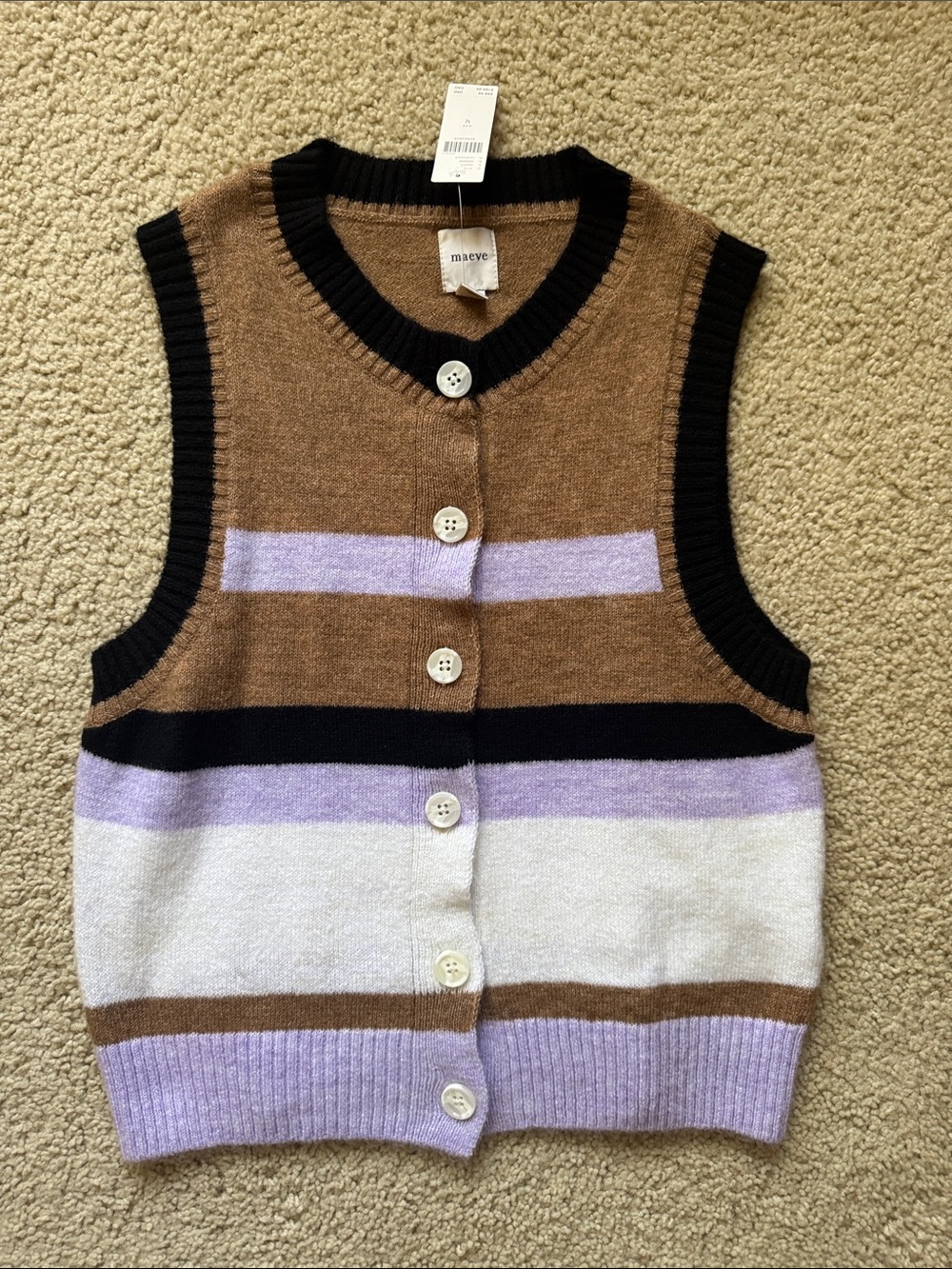 Anthropologie Maeve Lavender & Brown Striped Button-Front Sweater Vest